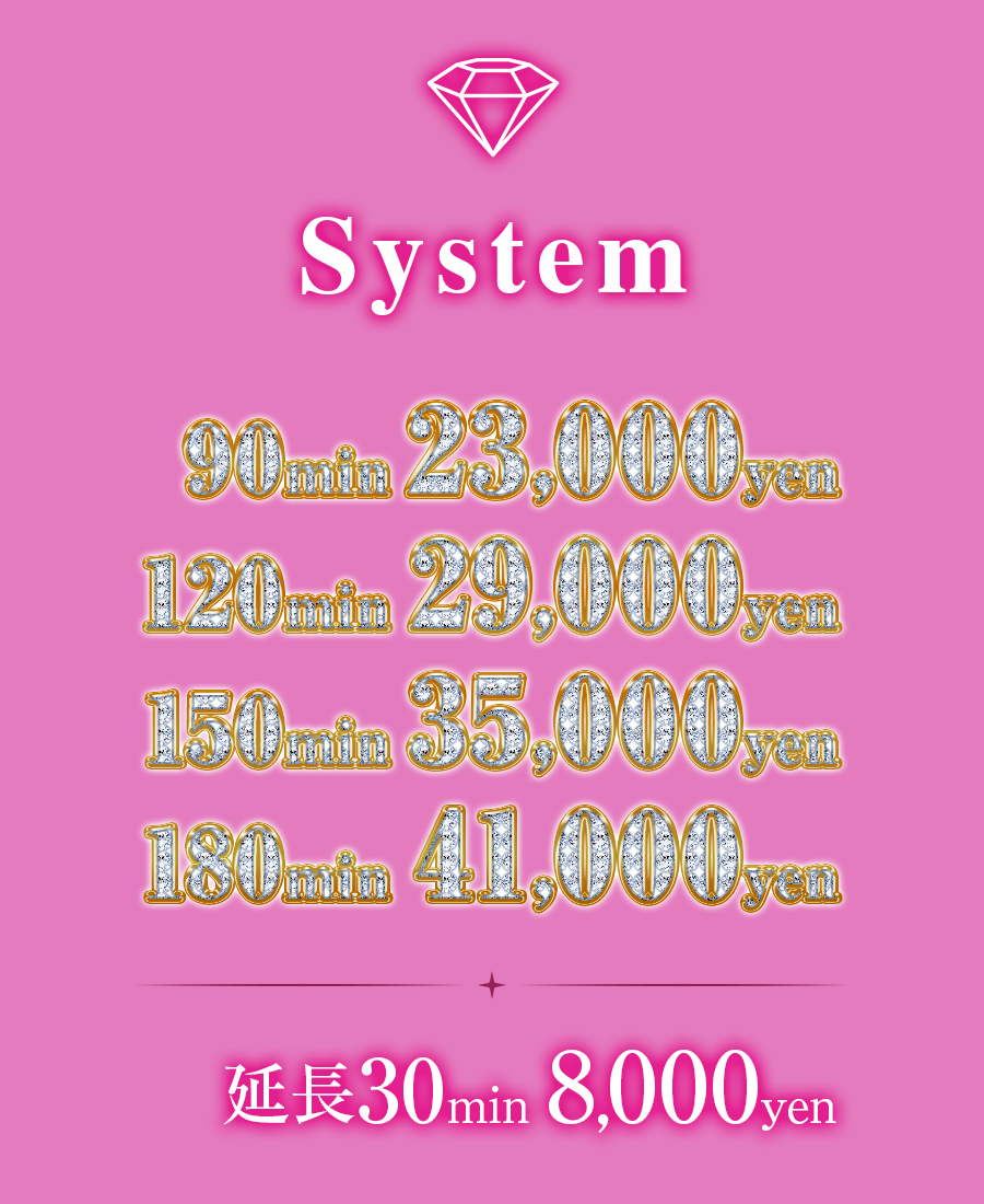 ダイヤモンドコース。60分17,000円、90分23,000円、120分29,000円、150分35,000円、180分41,000円。オプション無料。超密着ゼロ距離施術、極液たっぷり、鼠径部集中、衣装チェンジ、指名料。