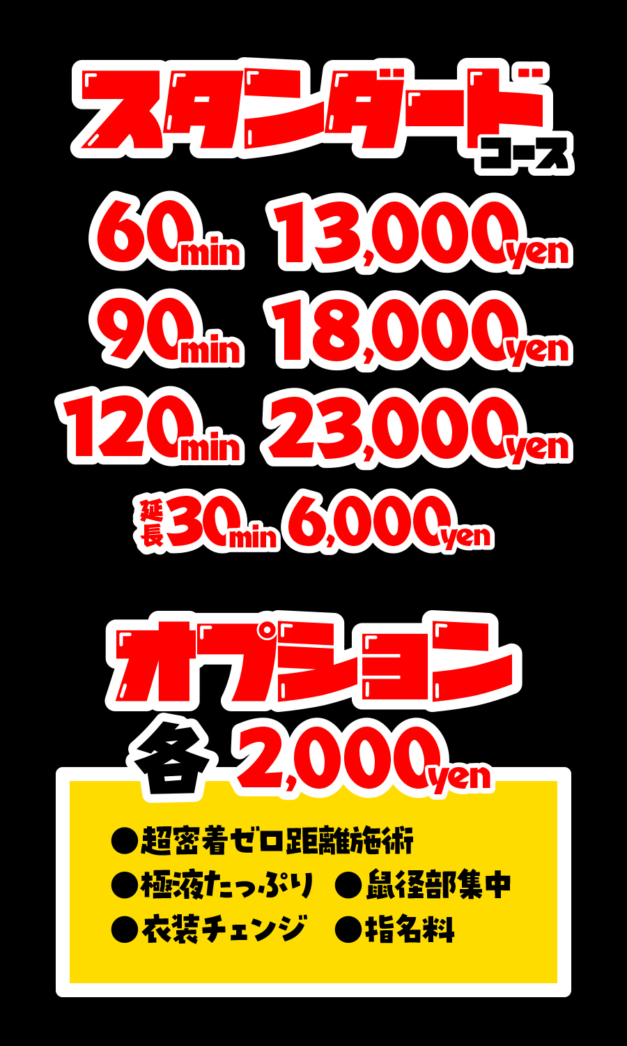 スタンダードコース。60分13,000円、90分18,000円、120分23,000円、延長30分6千円。オプション各2千円。超密着ゼロ距離施術、極液たっぷり、鼠径部集中、衣装チェンジ、指名料。